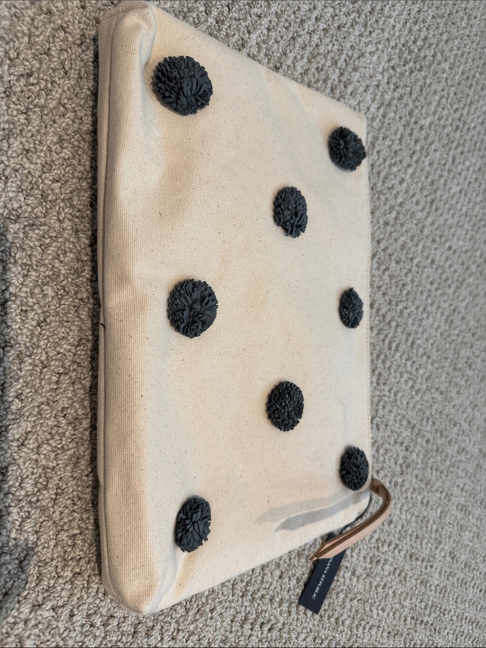 Canvas Polka Dot Zip Pouch - Cream with Teal Pom Accents